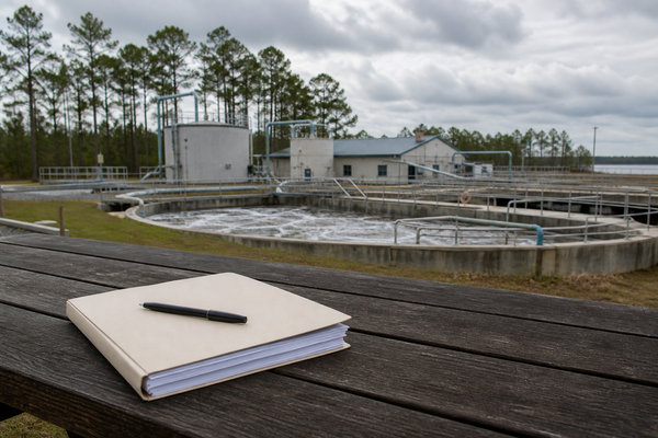 AI illustration of a wastewater treatment facility with a records packet and pen in the foreground.